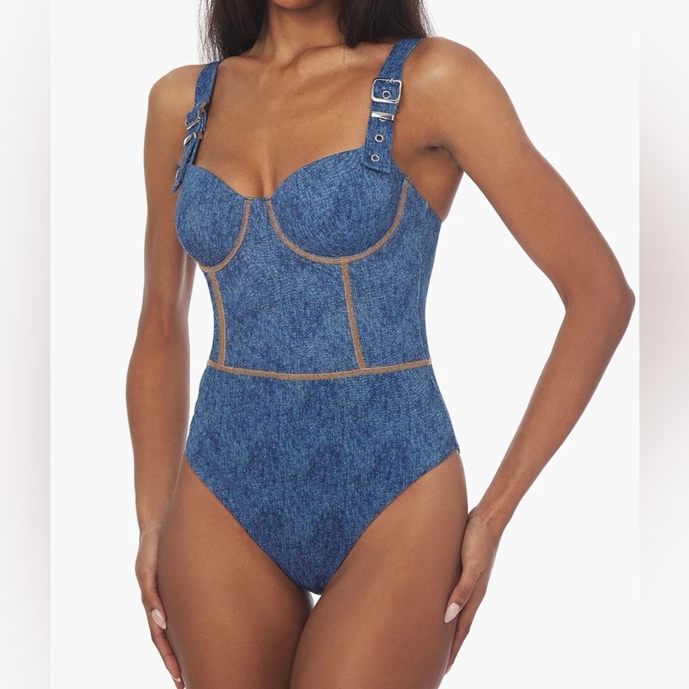 WeWoreWhat Buckle Strap Corset One Piece Denim Swimsuit medium
